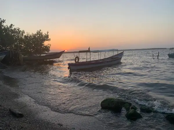 Botes en la orilla al atardecer (alrededores)
