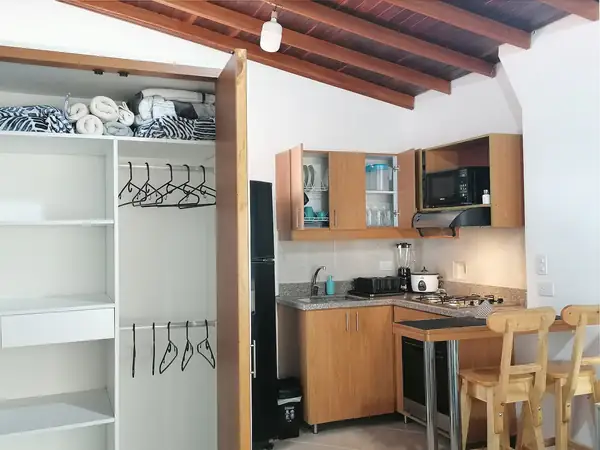 Closet con perchas y cocina integrada al estudio