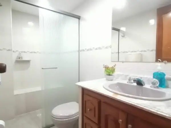 Baño con ducha de vidrio y mueble de lavamanos