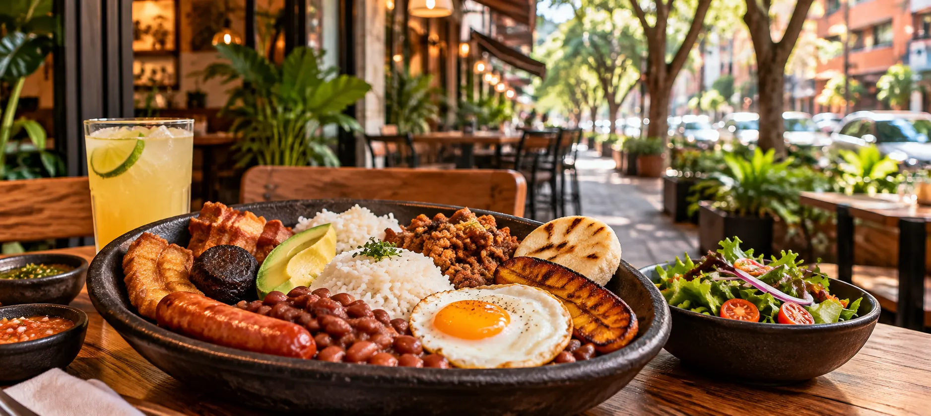 Ilustración de una bandeja paisa con arepa, aguacate y huevo frito, servida en la mesa de una terraza con árboles al fondo